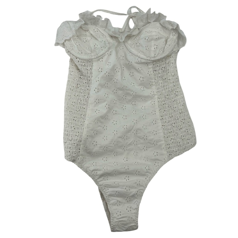DOEN Women Swimsuit One Piece Eyelet Ruffle White Cotton Extra Small